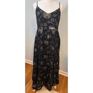 Boden Metallic Starburst Maxi Dress 6P Black Gold Spaghetti Strap V-Neck D0411